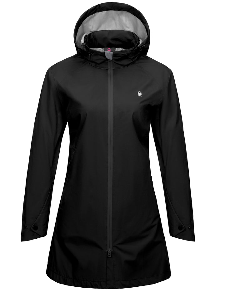 Women's Waterproof Mid-Length Rain Jacket with Hood Windbreaker Coat for Hiking Travel MP-US-DK