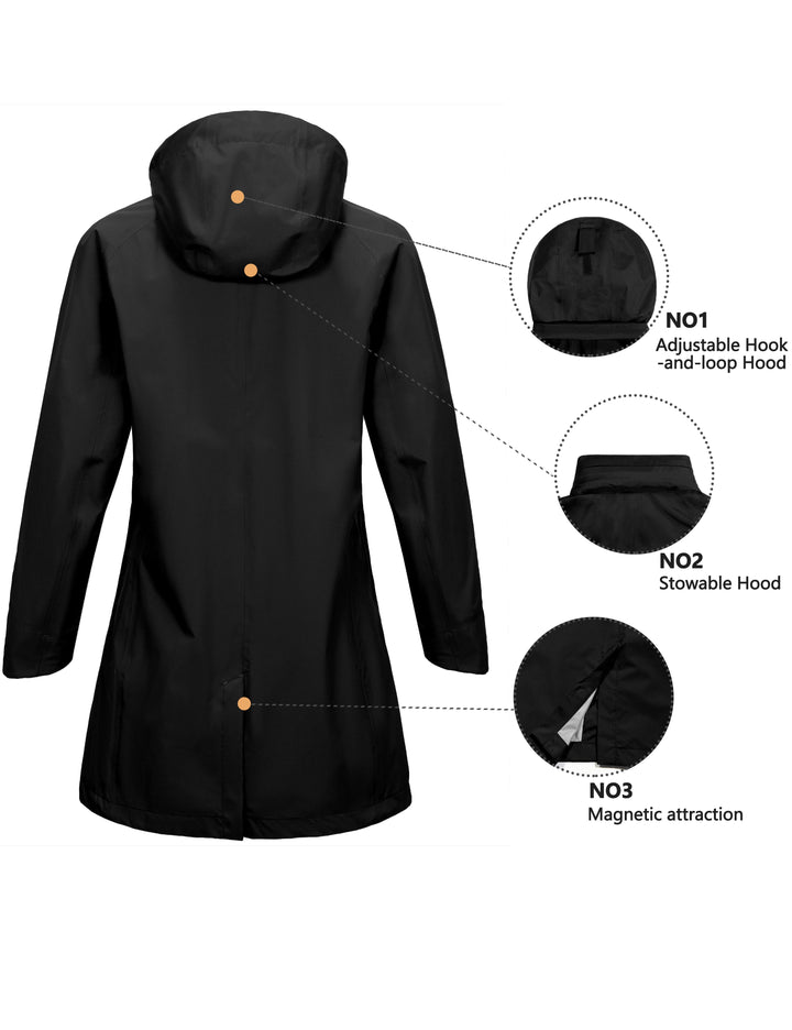 Women's Waterproof Mid-Length Rain Jacket with Hood Windbreaker Coat for Hiking Travel MP-US-DK
