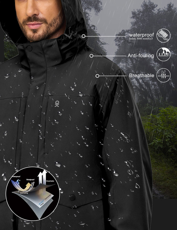 Men's Rain Jacket Detachable Hooded Jackets Waterproof Hiking Windbreaker MP-US-DK